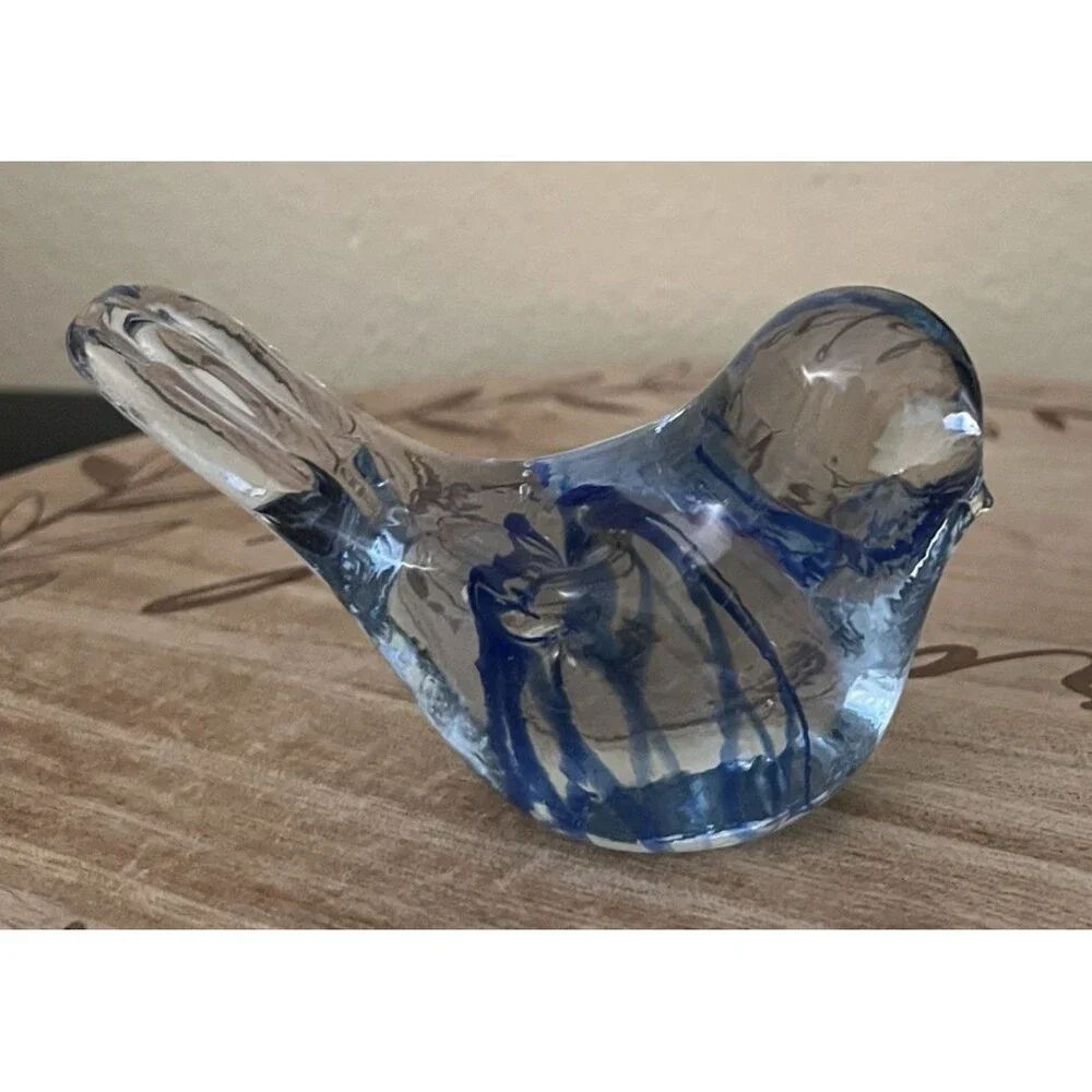 Vintage Hand Blown Art Glass Bird Figurine Paperweight Glass With Blue Ribbon